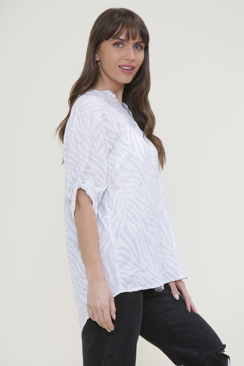 Ladies Zebra Print Grandad Shirt White