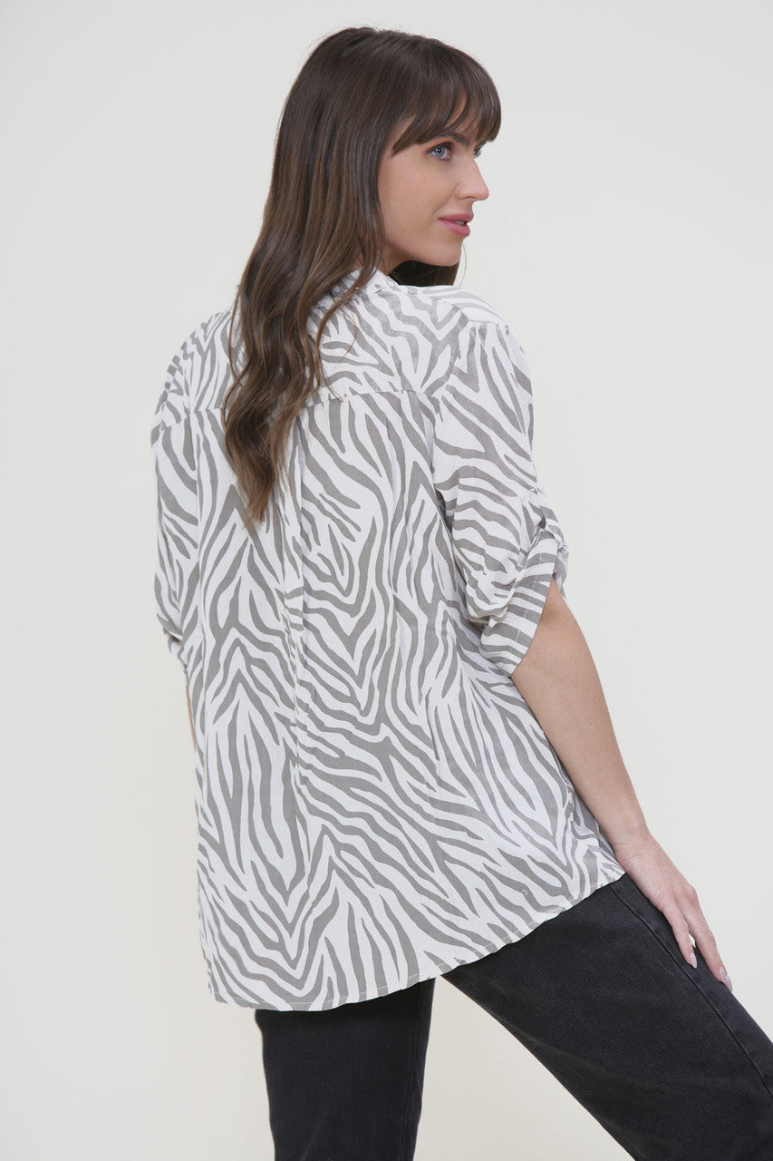 Ladies Zebra Print Grandad Shirt Stone