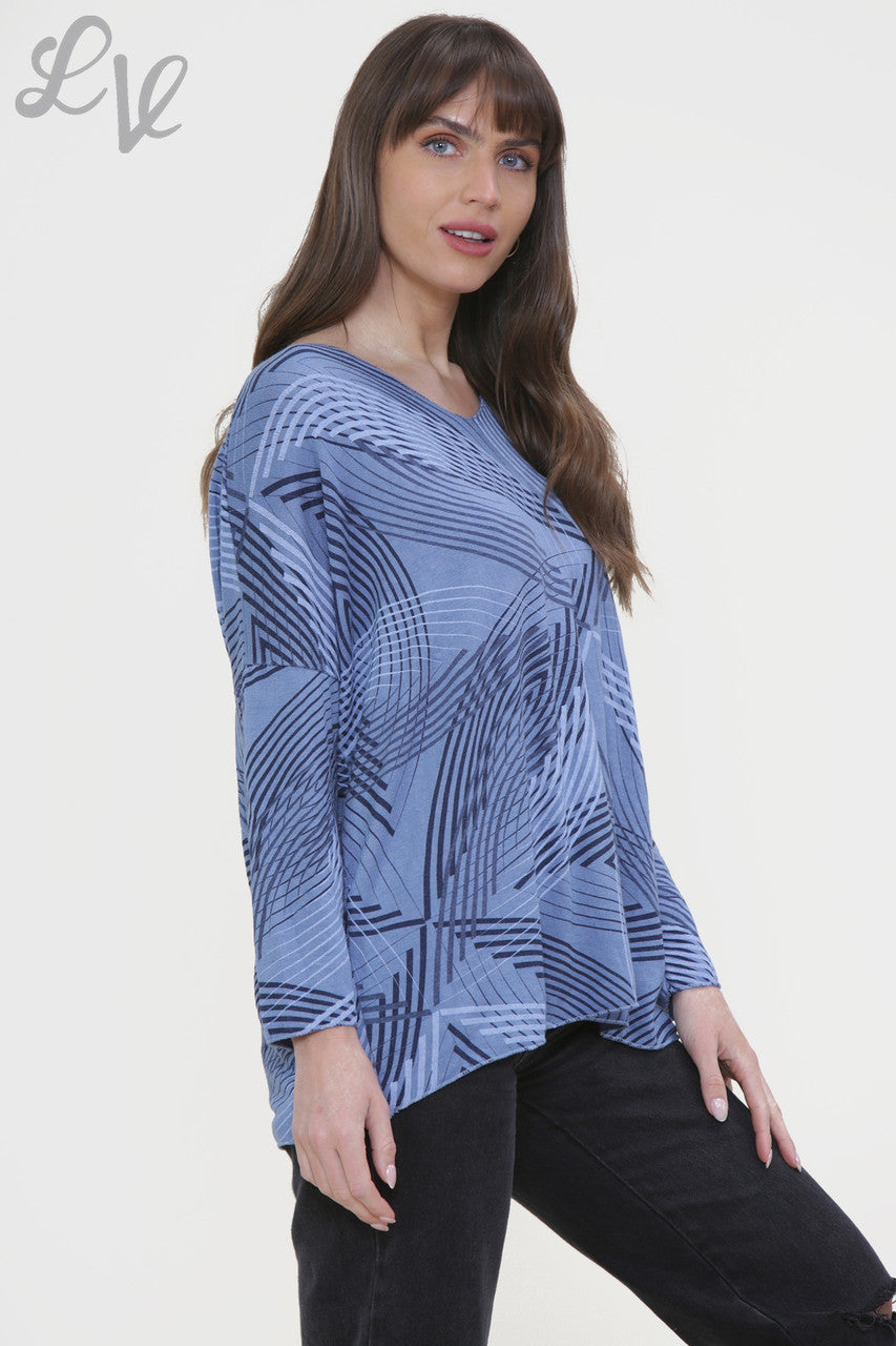 Ladies Line Print Fine Knit Jumper Top Denim