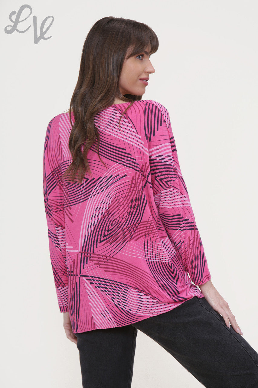 Ladies Line Print Fine Knit Jumper Top Cerise