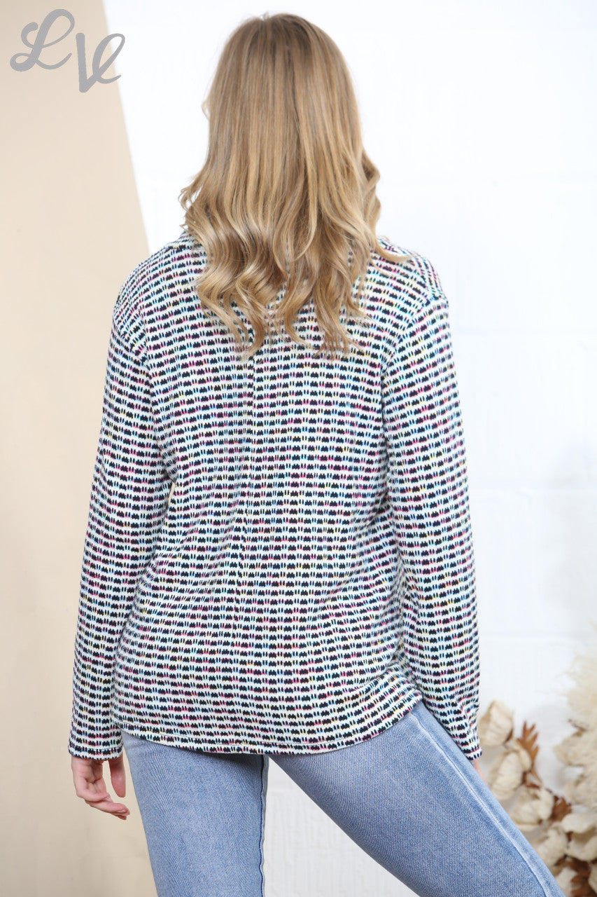 Ladies Multicoloured Brick Print Cowl Neck Knitted Top White