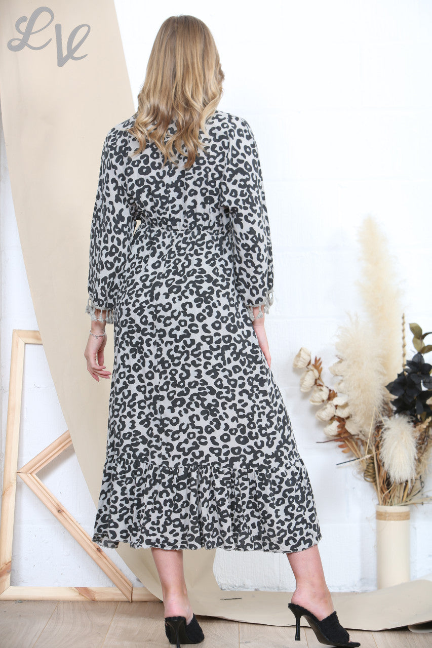 Ladies Animal Print Tassel Maxi Dress Taupe