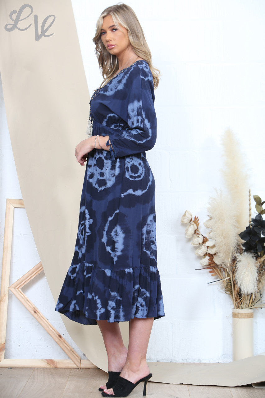 Ladies Tie Dye Print Tassel Maxi Dress Navy