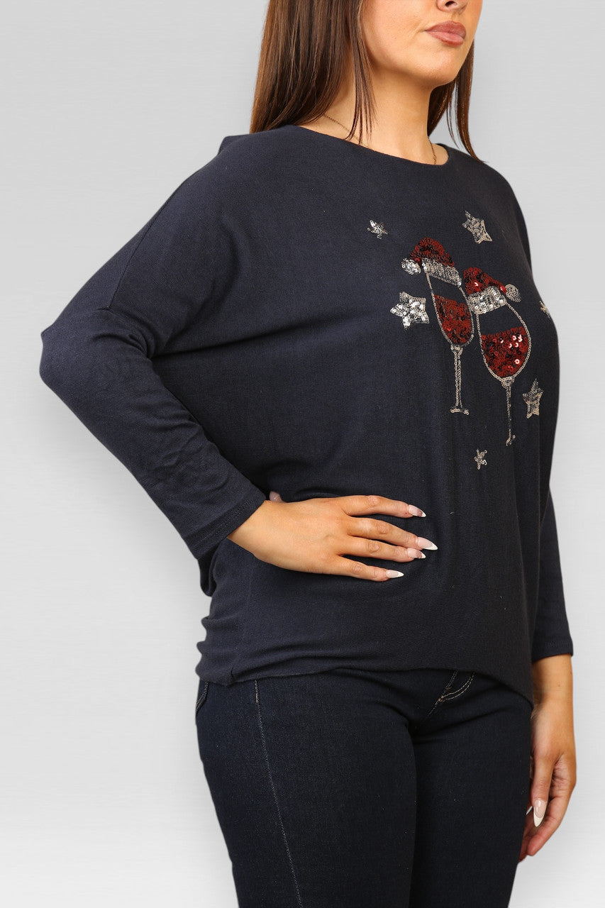 SEQUIN CHRISTMAS CHEERS SPARKLE FINE KNIT JUMPER TOP NAVY