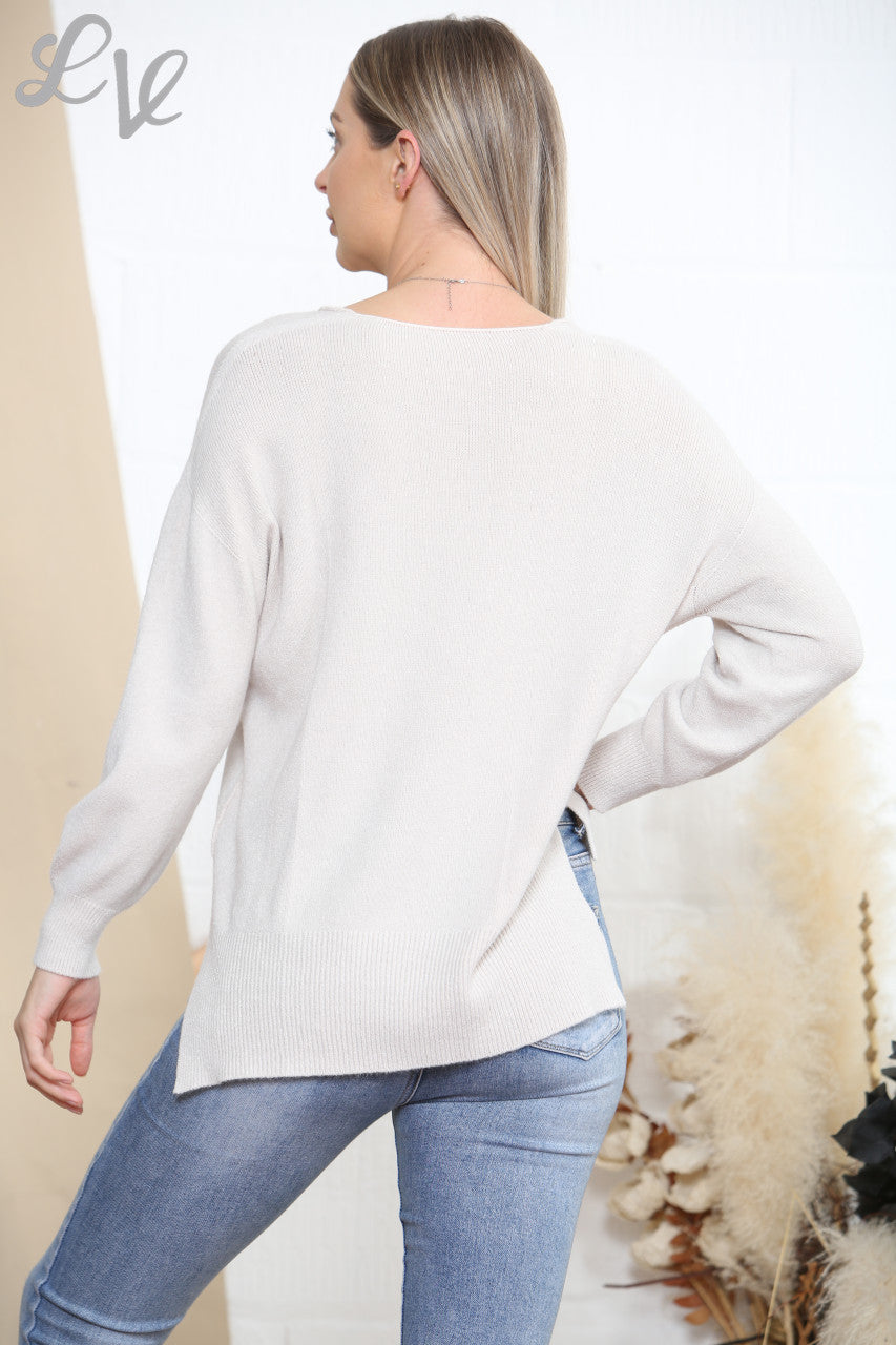 Ladies V- Neck Knitted Jumper Top Stone