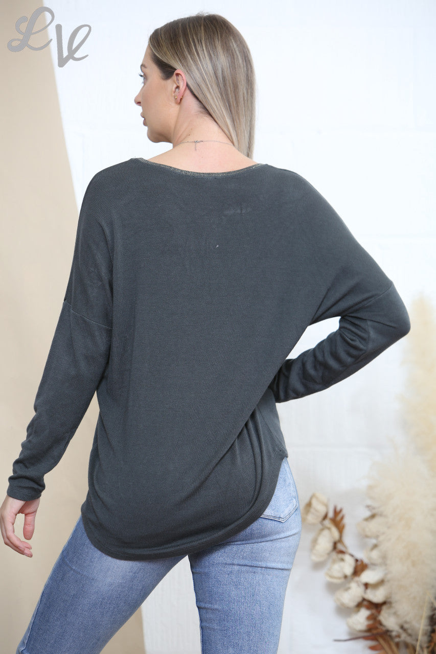 Ladies Sequin Applique Star Top Charcoal