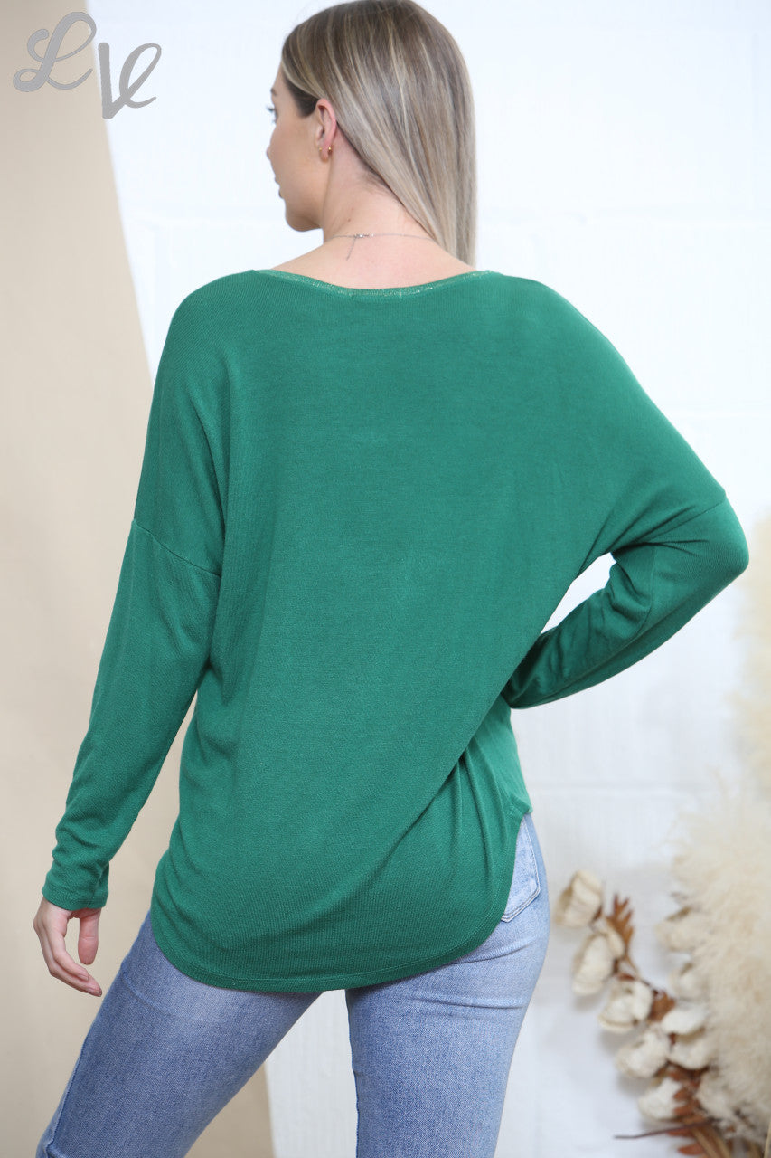 Ladies Sequin Applique Heart Top Green