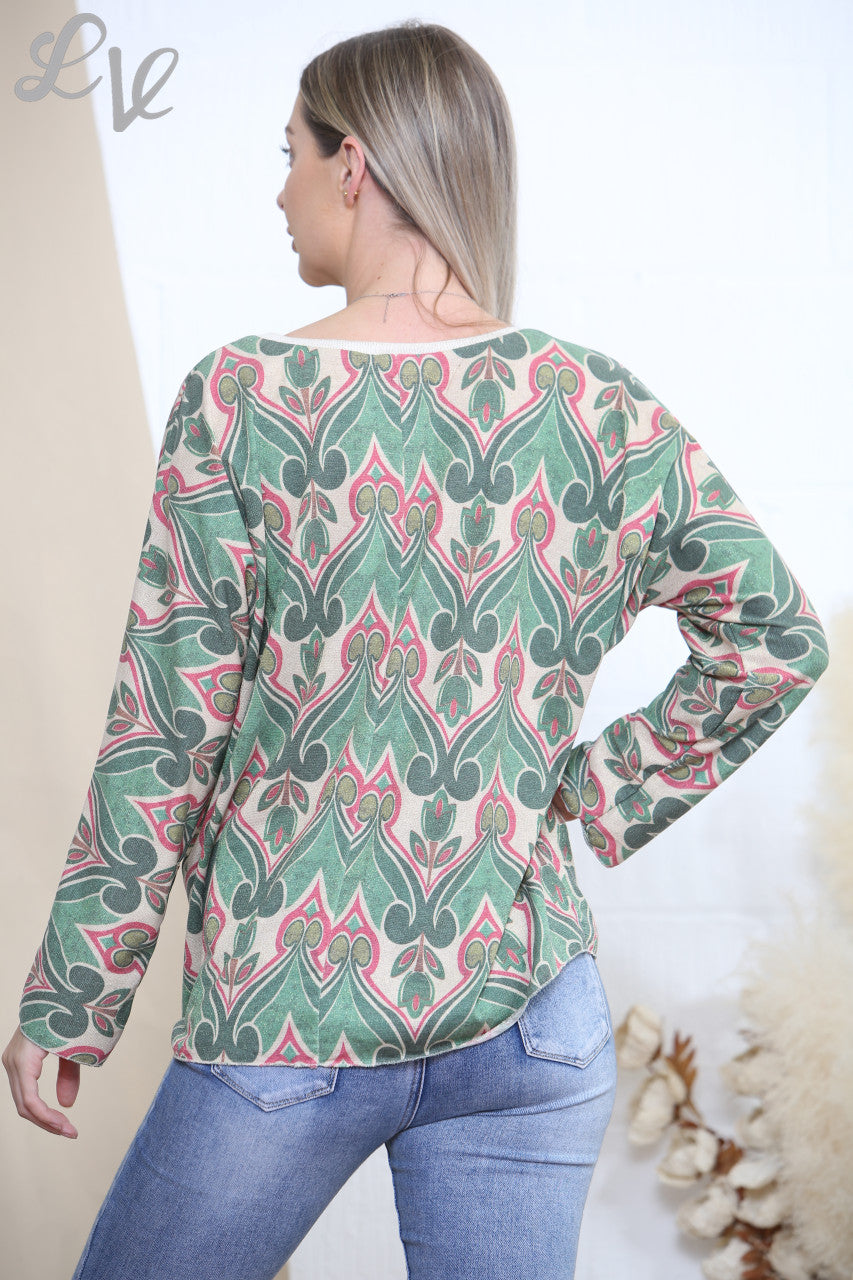 Ladies Damask Jacquard Print Top Green