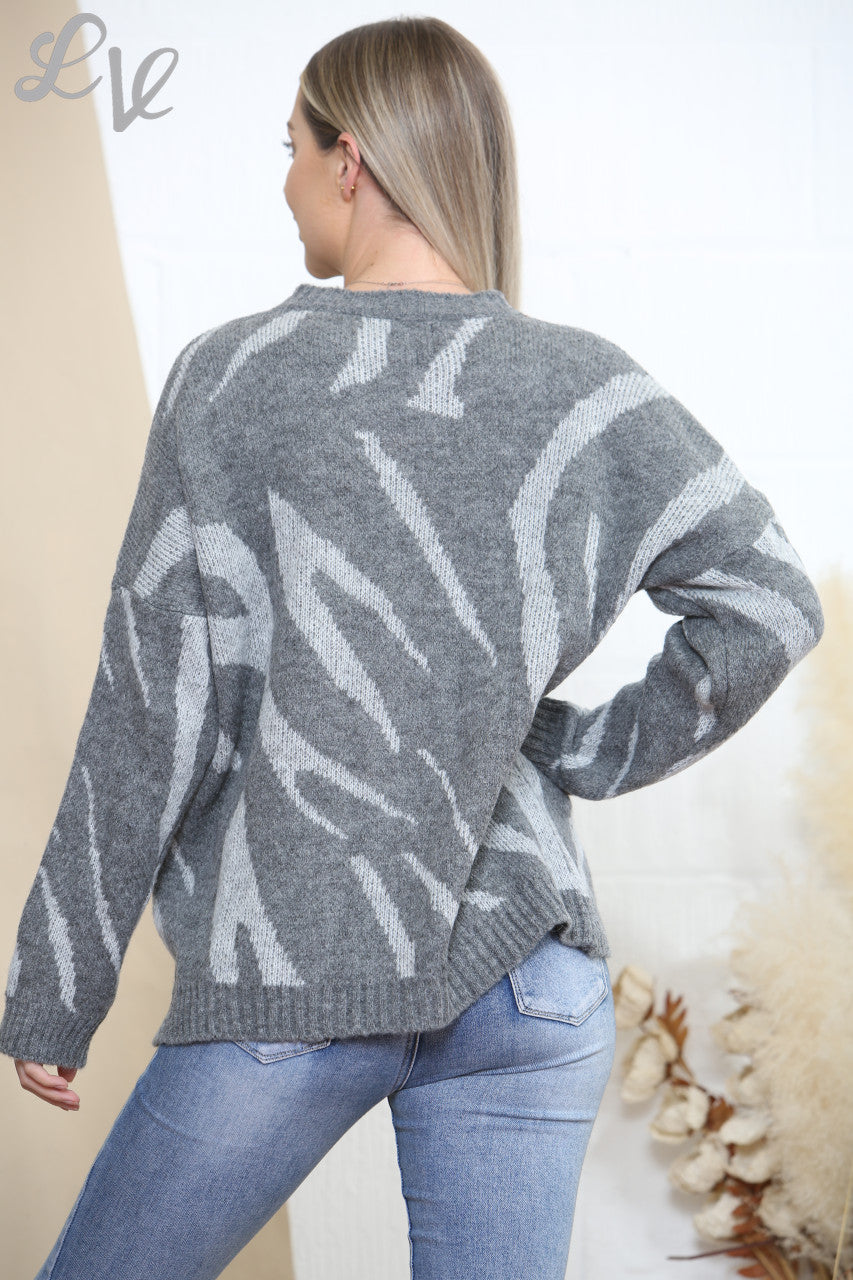 Ladies Animal Print Knitted Jumper Top Charcoal