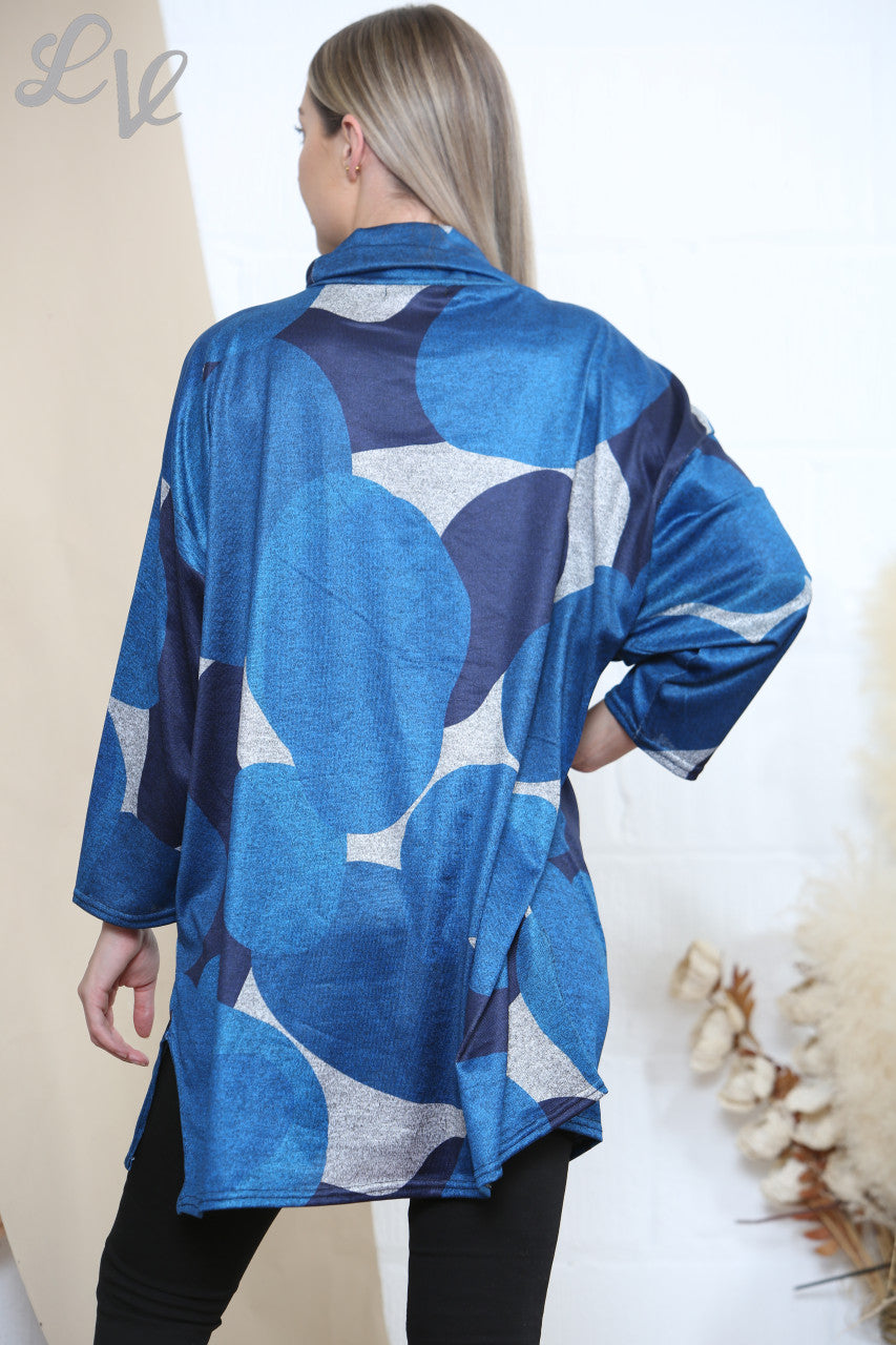 Ladies Roll Neck Geometric Print Tunic Top Dress Teal