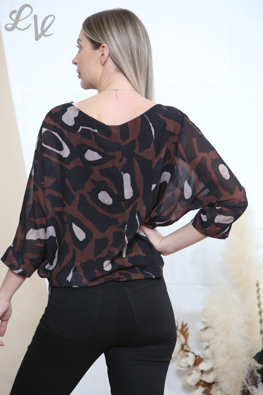 Ladies Animal Print Tie Side Blouse Brown
