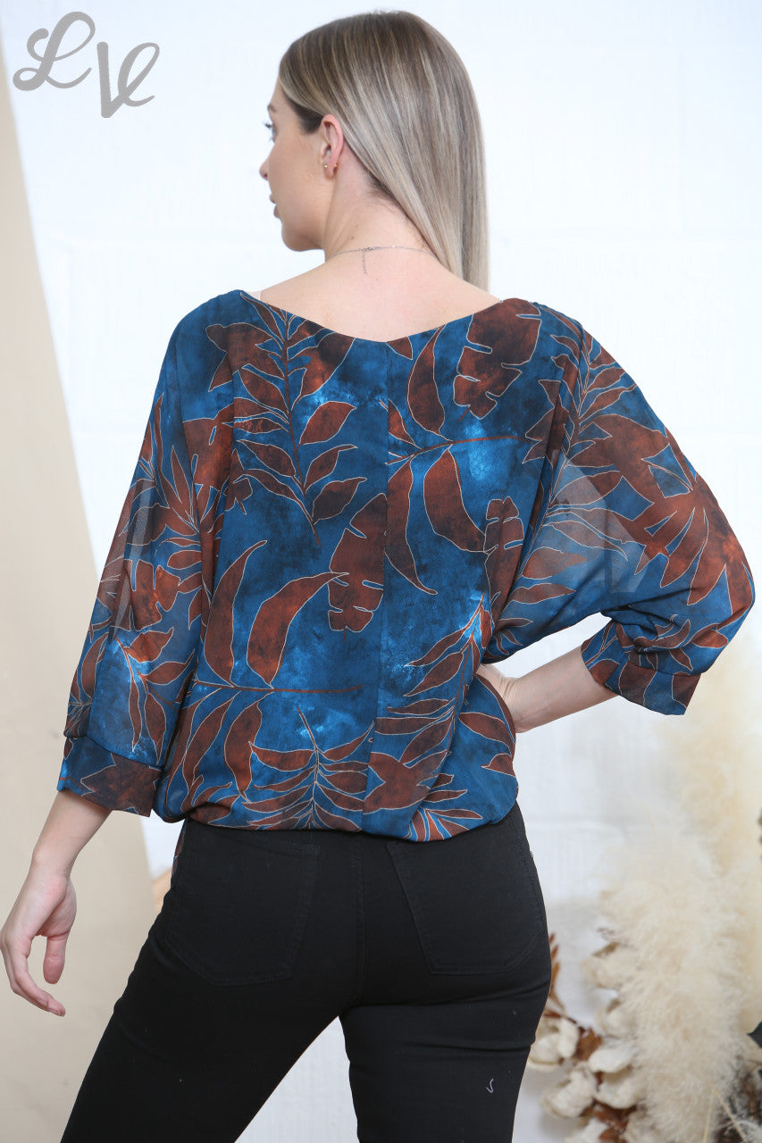 Ladies Leaf Print Tie Side Blouse Teal