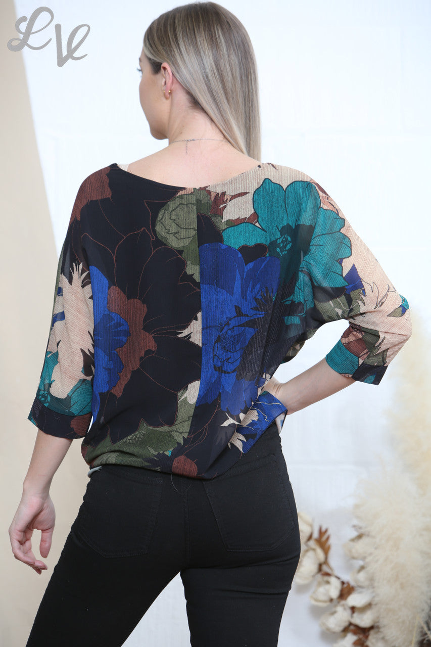 Ladies Abstract Floral Leaf Print Tie Side Blouse Black