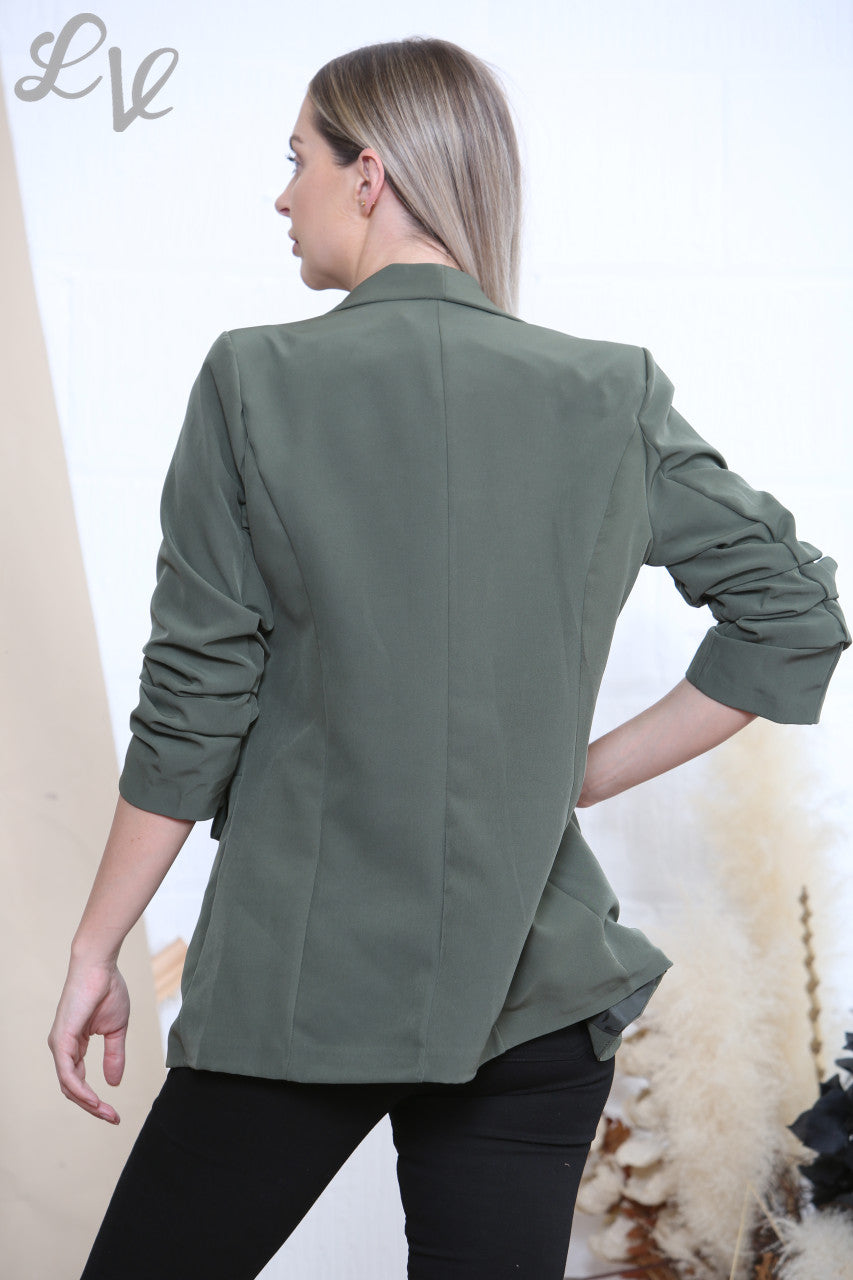 Dames Effen Blazer met Geplooide Mouwen Kaki