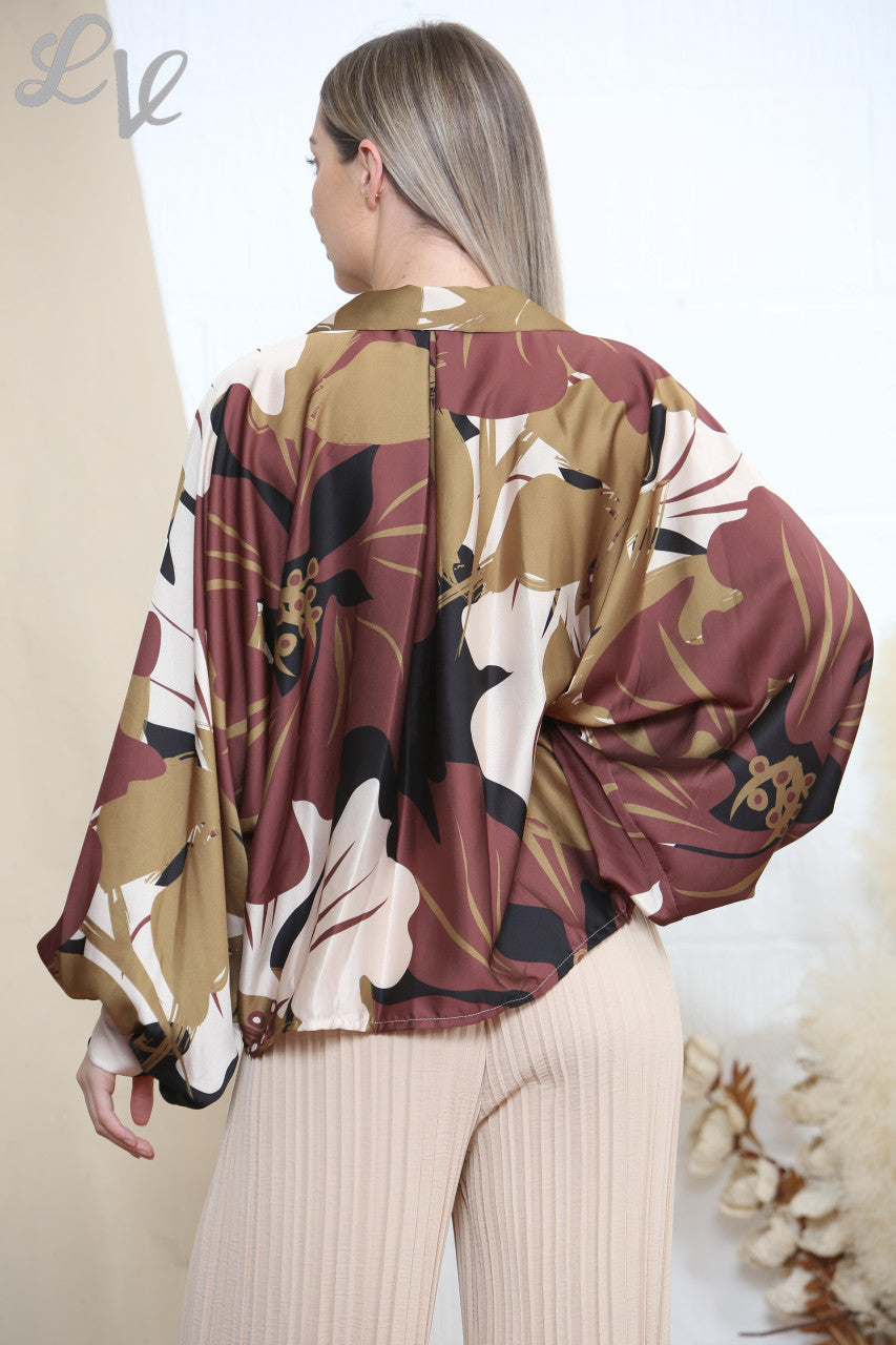 Dames Blouse met Abstract Bloemenprint Tan