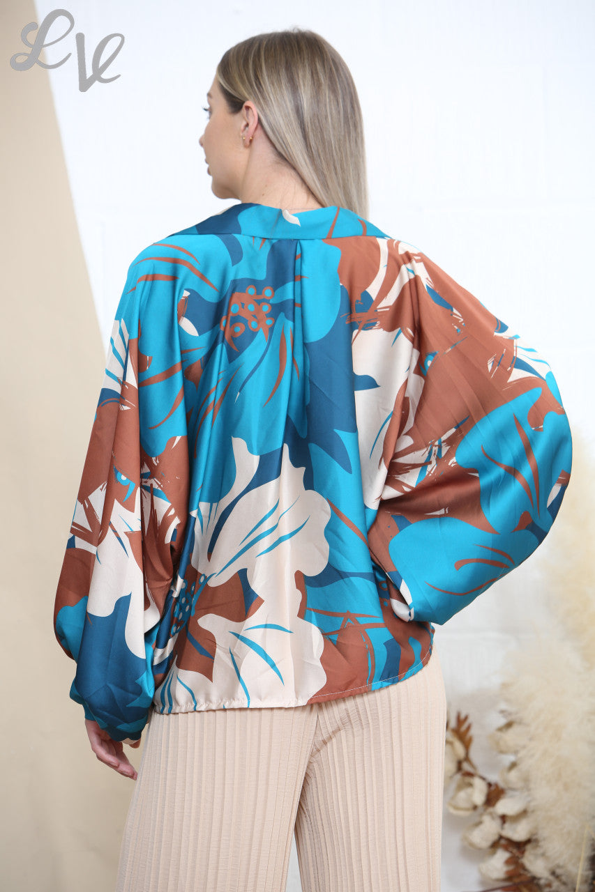 Ladies Abstract Floral Print Blouse Blue