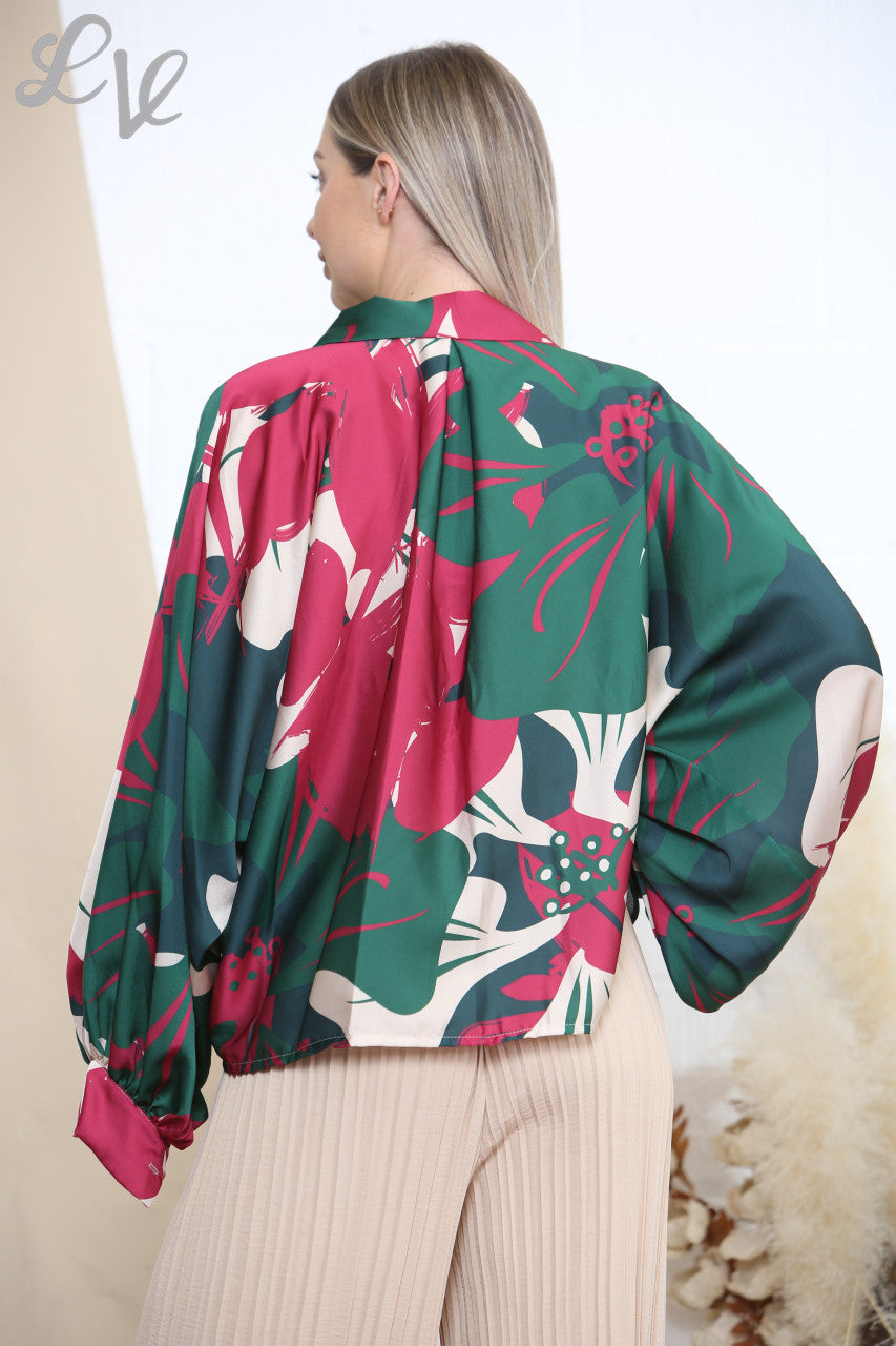 Ladies Abstract Floral Print Blouse Green