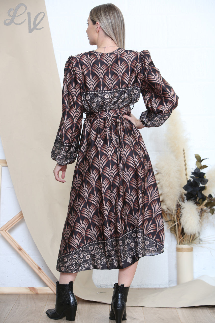 Ladies Art Deco Print Padded Shoulder Dress Black
