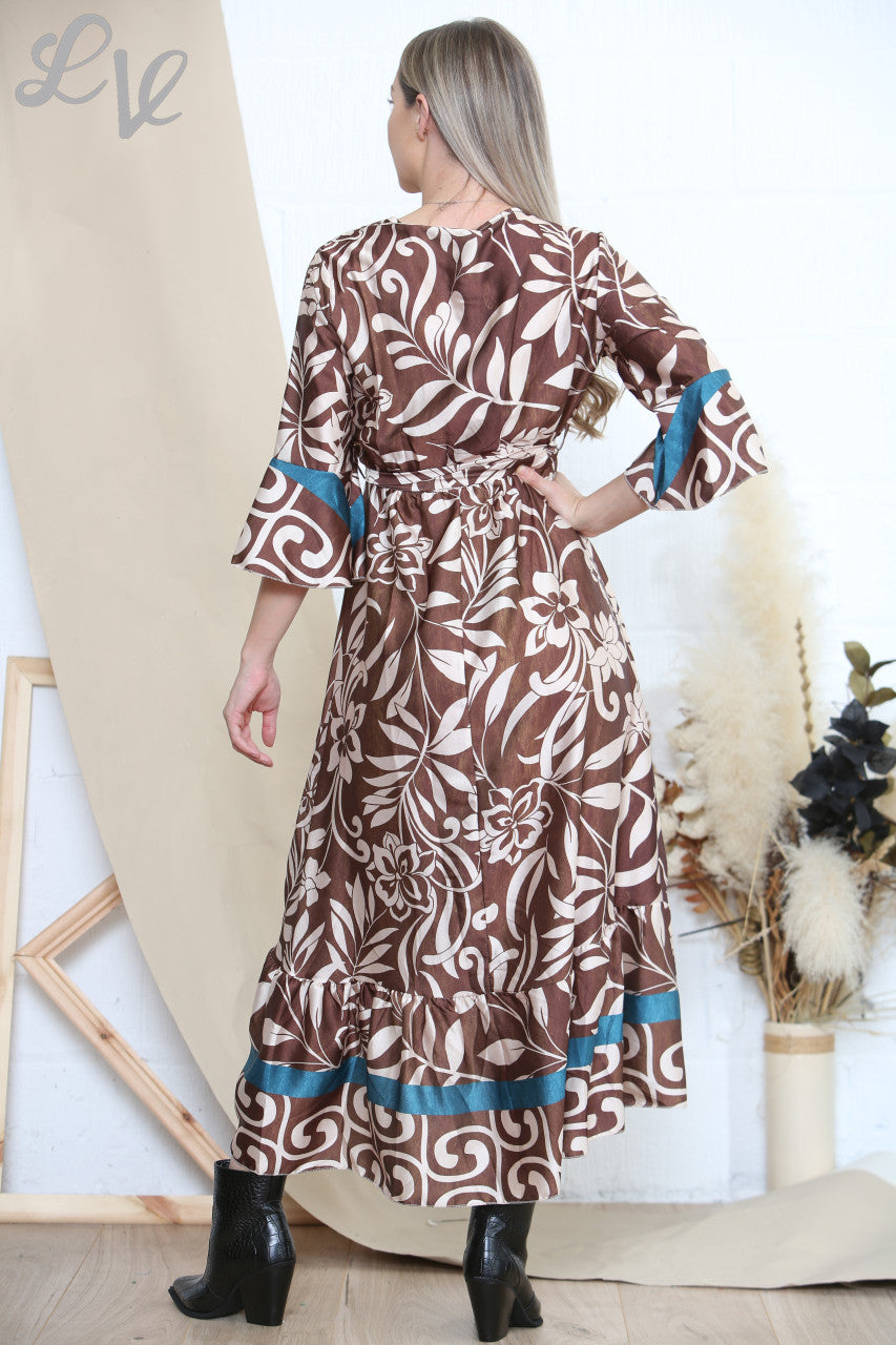 Ladies Botanical Art Print Dress Tan