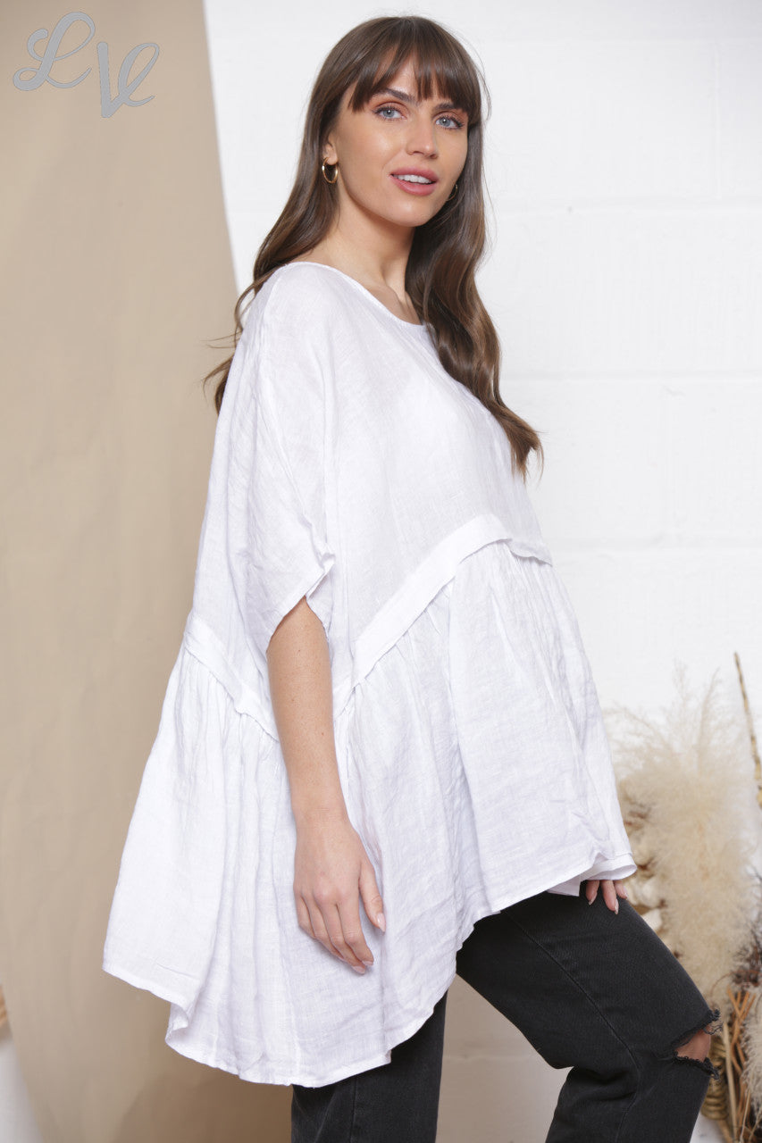 Ladies Linen Plain Half & Half Top White