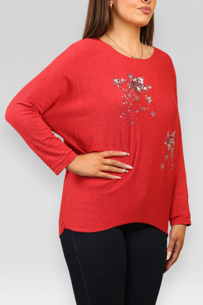 TRUI MET FIJNE STEKEN, PAILLETTEN EN GLITTERENDE STERREN, ROOD