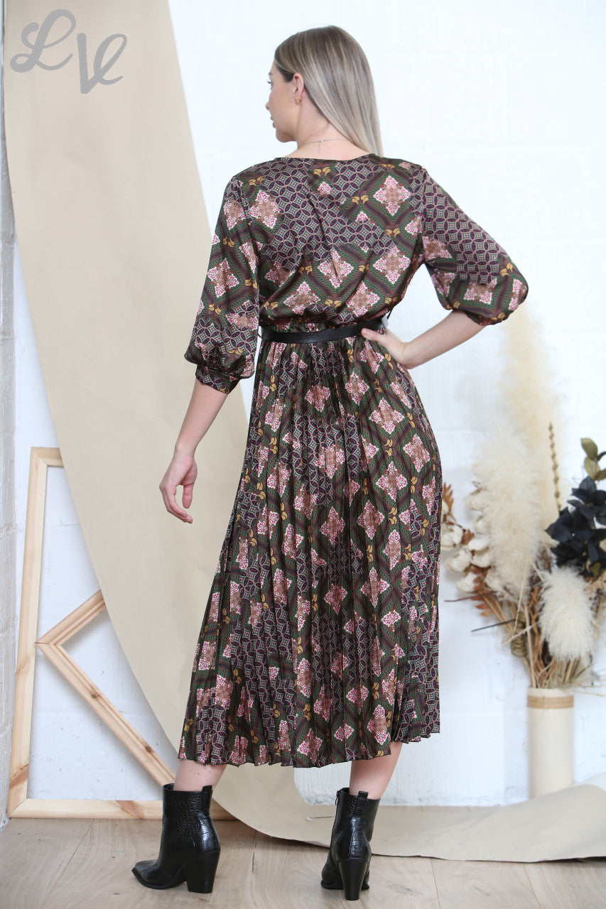 Ladies Arabesque Art Print Dress & Belt Green