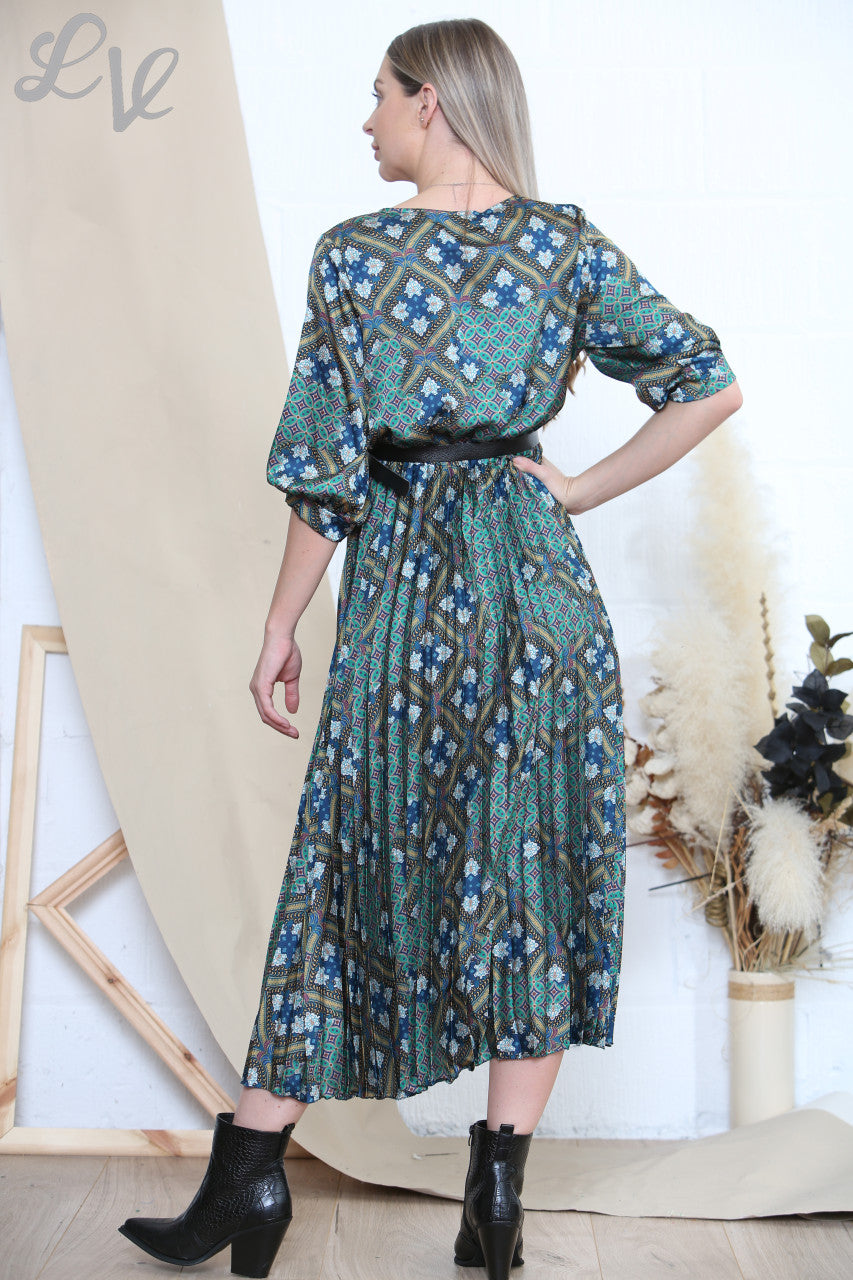 Dames Arabesque-kunstprintjurk & Riem Blauw