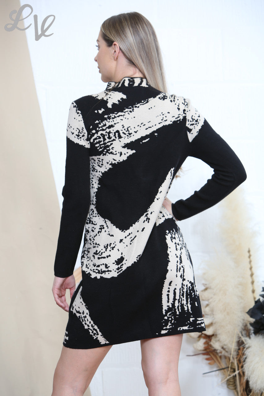 Ladies Knitted Abstract Print Dress Black