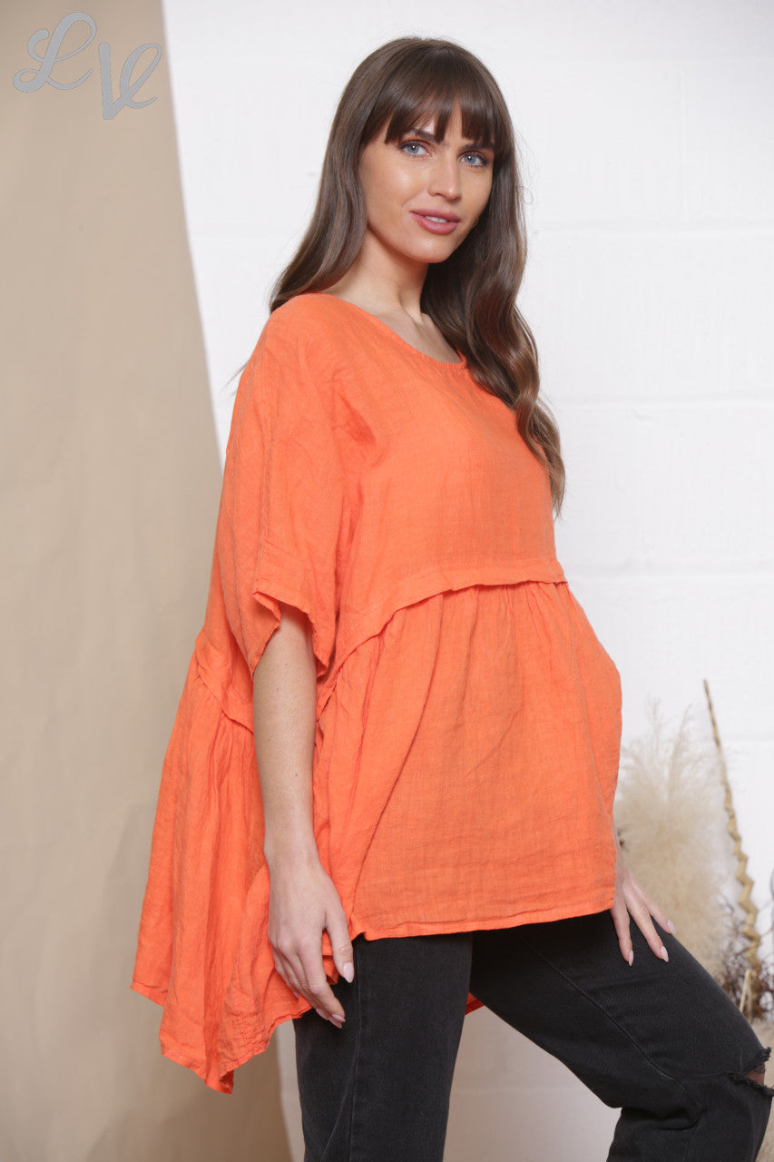 Ladies Linen Plain Half & Half Top Orange