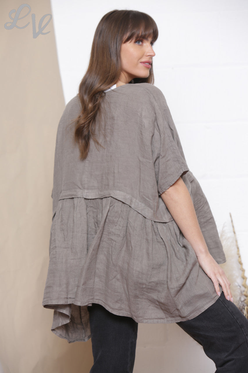 Dames Linnen Effen Half & Half Top Taupe