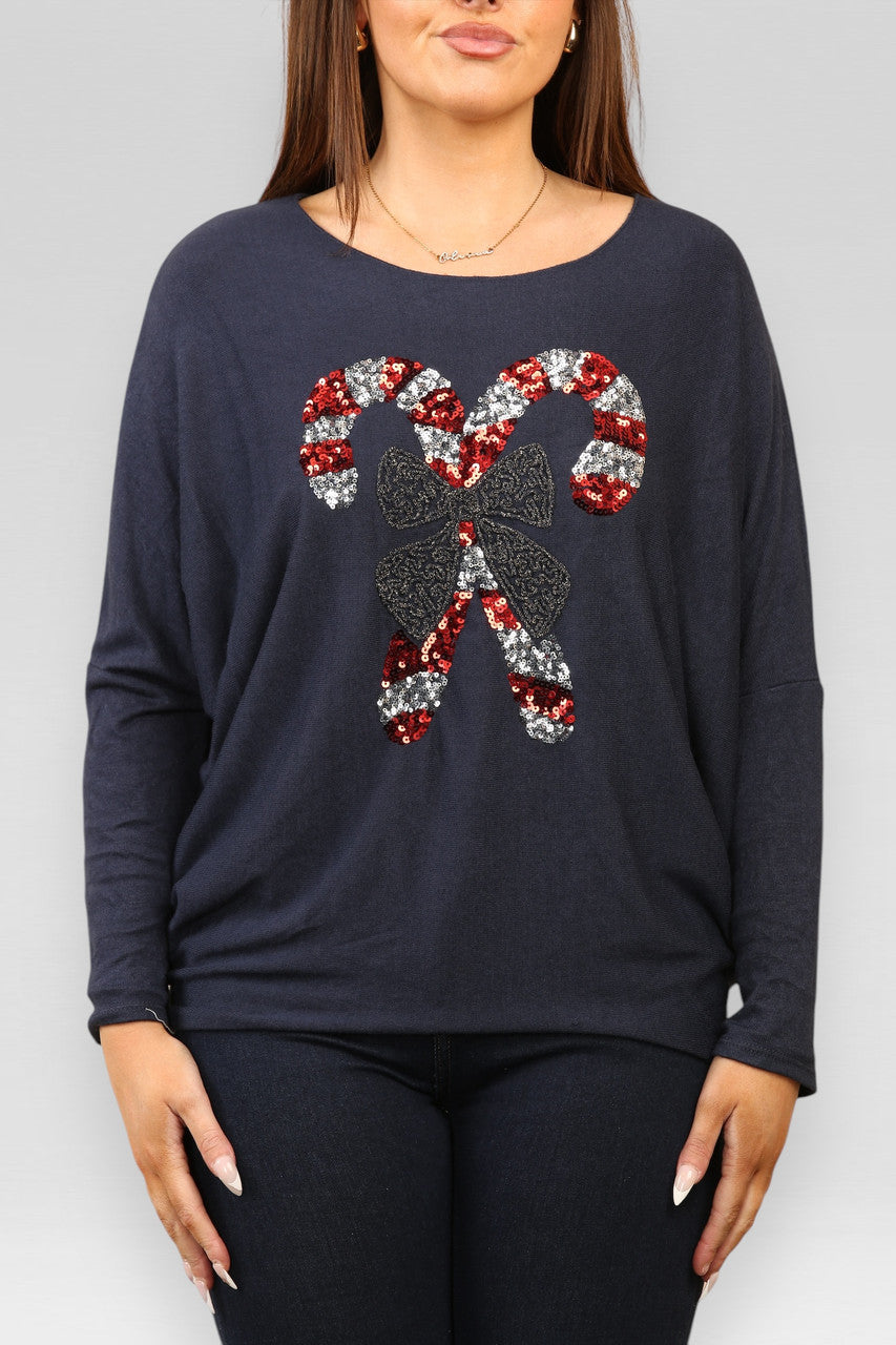PAILLETTEN KERSTSTOK STRIK GLITTER FIJNGEBREIDE TRUI TOP NAVY