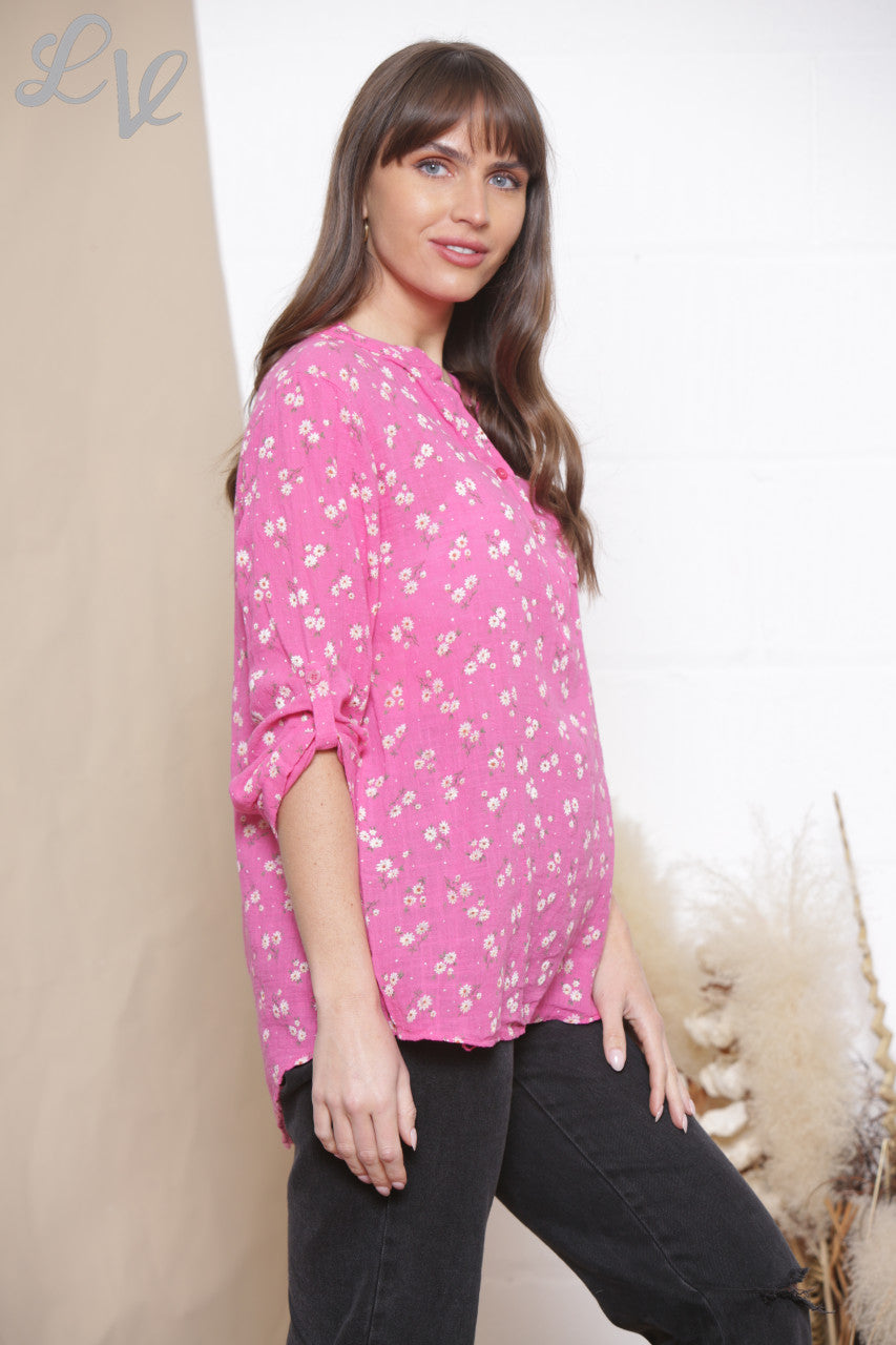 Dames Ditsy Madeliefjesprint Katoenen Grandad Blouse Cerise