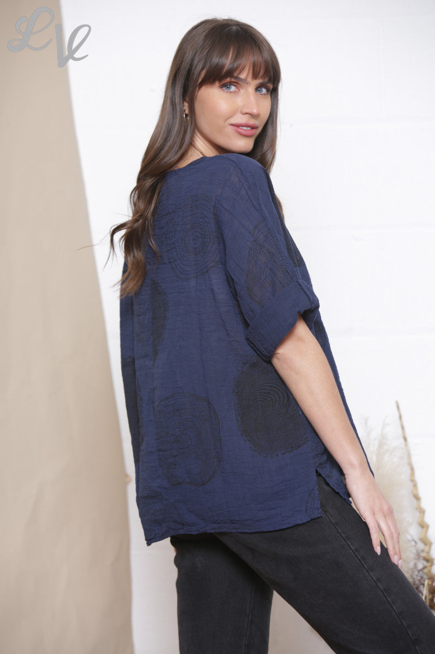 Ladies Tree Root Print Top With Necklace Navy