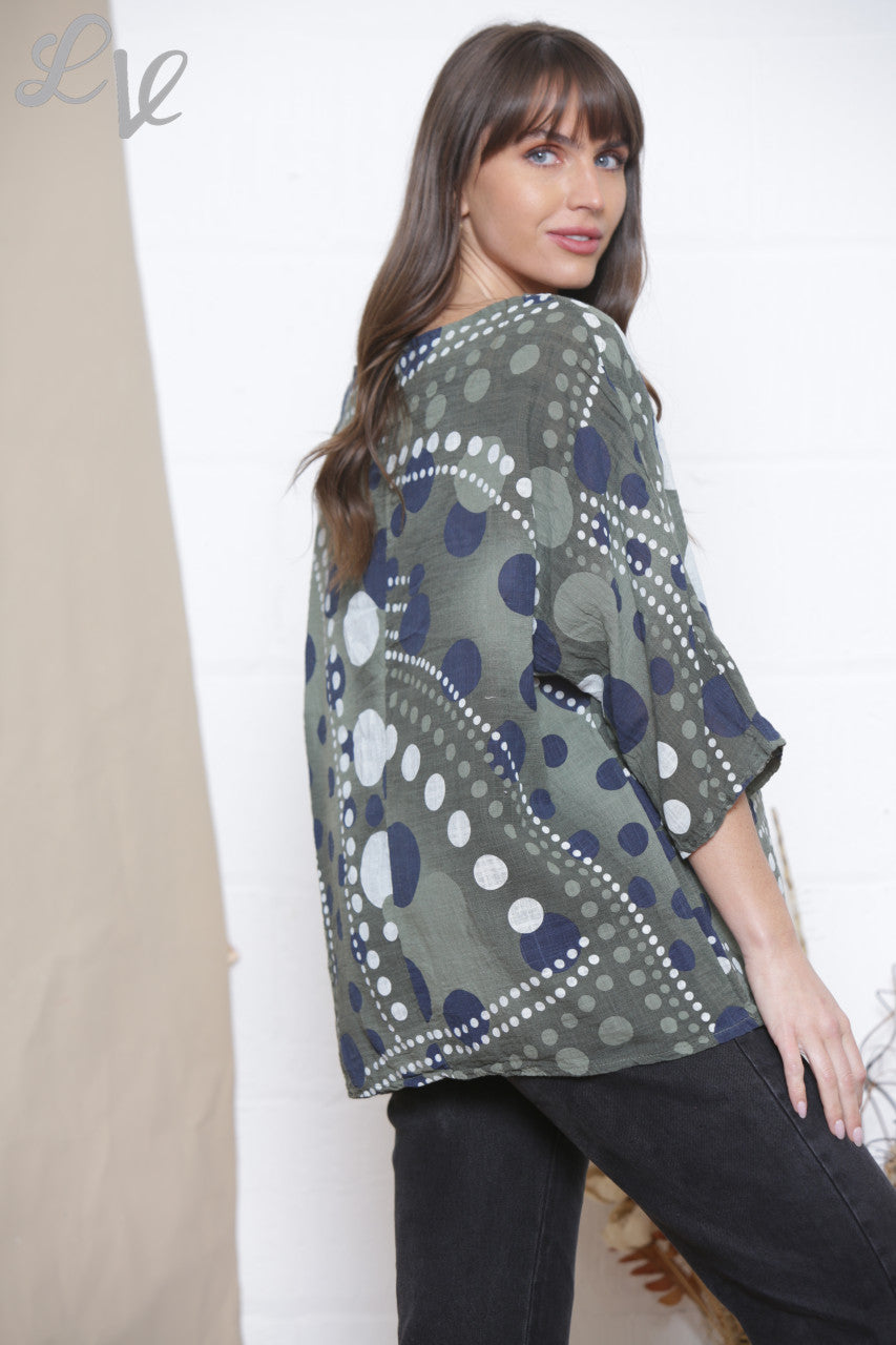 Ladies Dots Mix Print Box Top Khaki