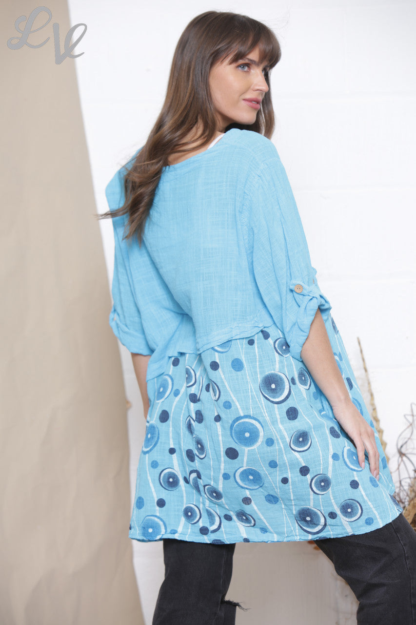 Dames Halve Cirkel Print Top Met Knoopdetail Turkoois