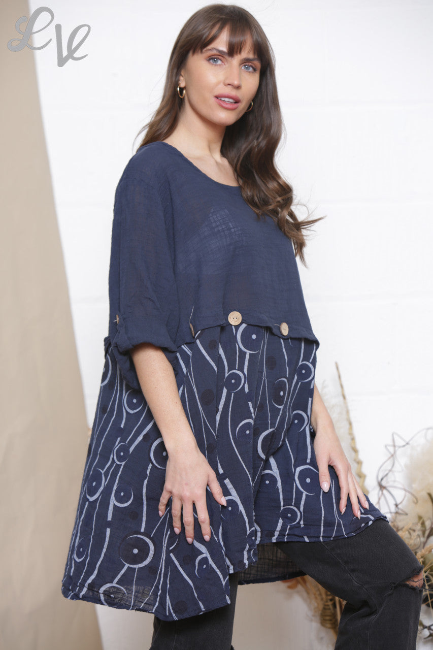Ladies Half Circle Print Top With Button Detail Navy