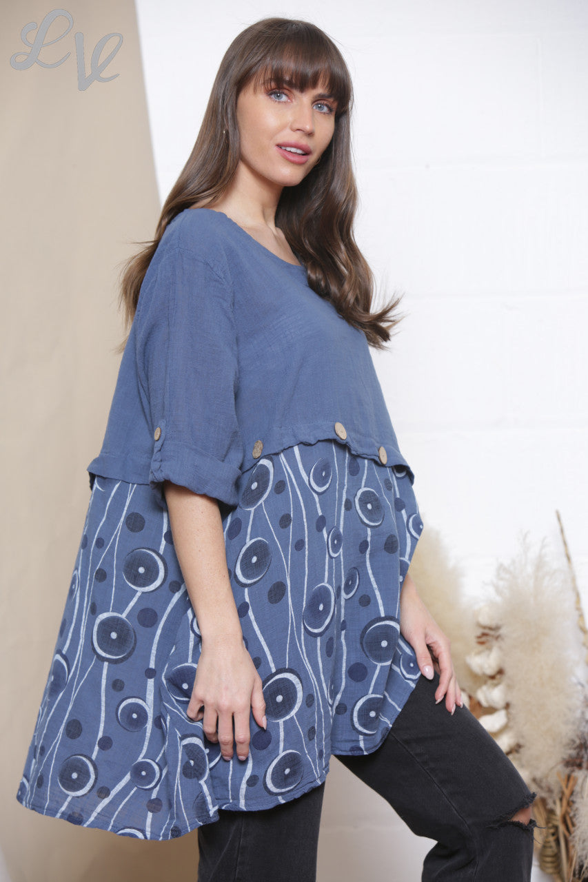 Dames Halve Cirkel Print Top Met Knoopdetail Denim