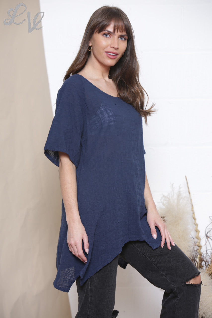 Ladies Plain Tunic Top With Front Pocket Navy