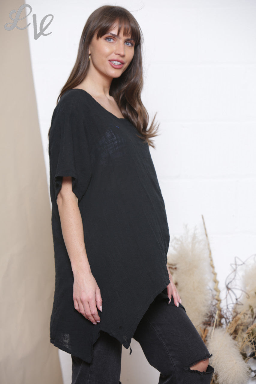 Ladies Plain Tunic Top With Front Pocket Black