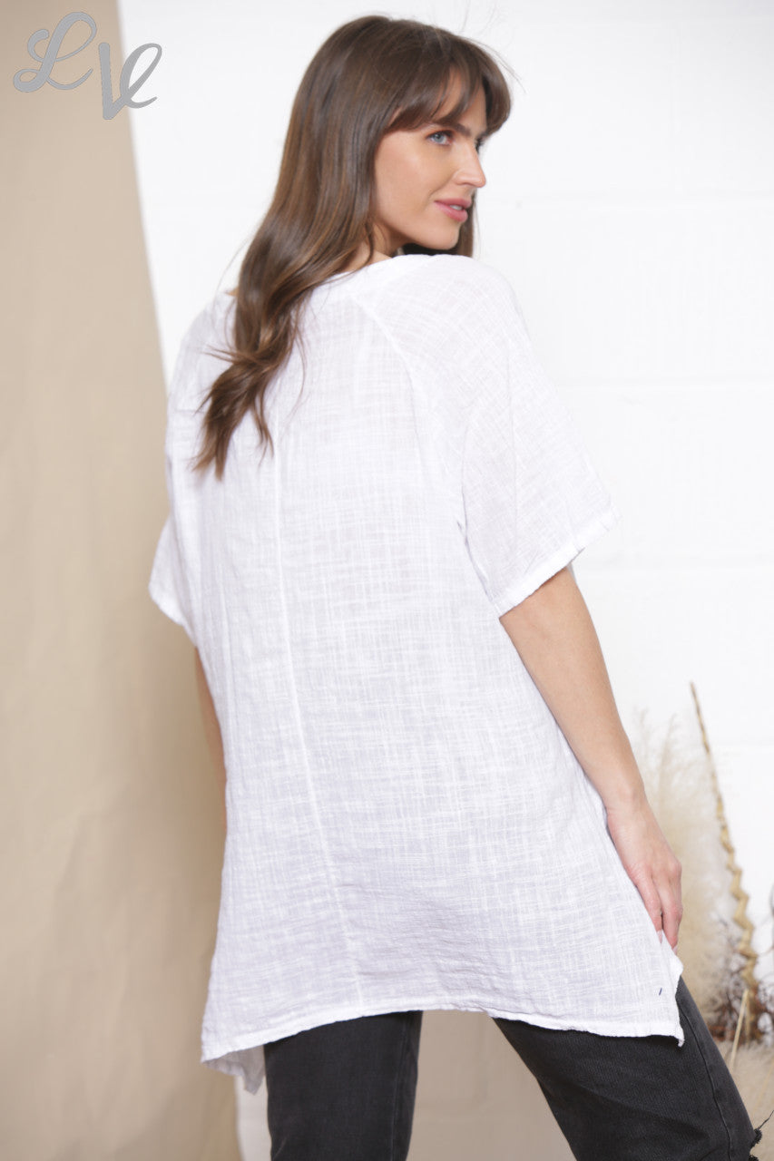 Ladies Plain Tunic Top With Front Pocket White