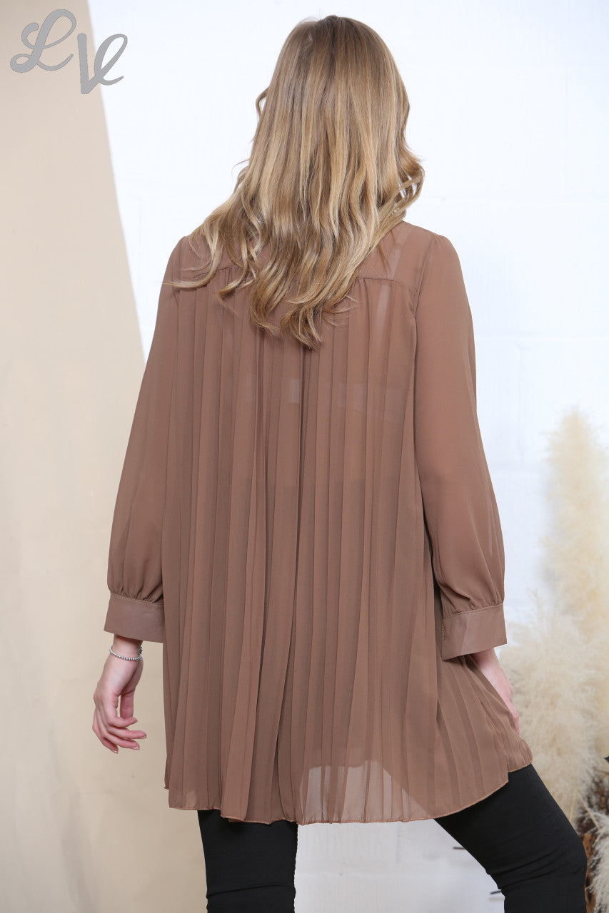 Ladies Floaty Pleated Shirt Tan