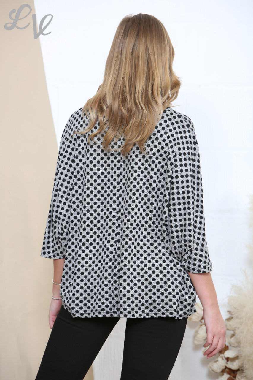 Ladies Polk Dot Batwing Sleeve Top Grey