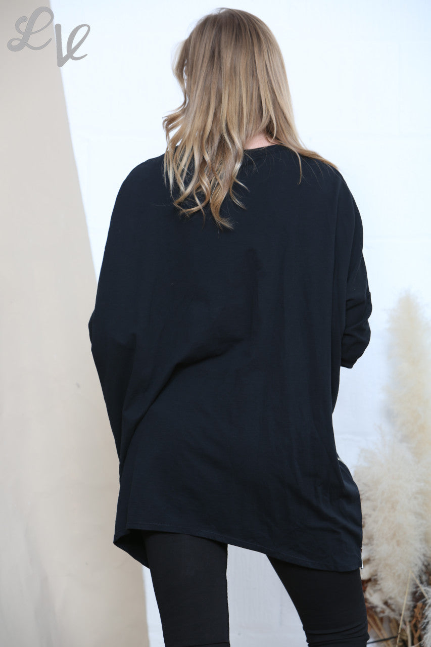 Ladies Sequin Heart Sweatshirt Top Black
