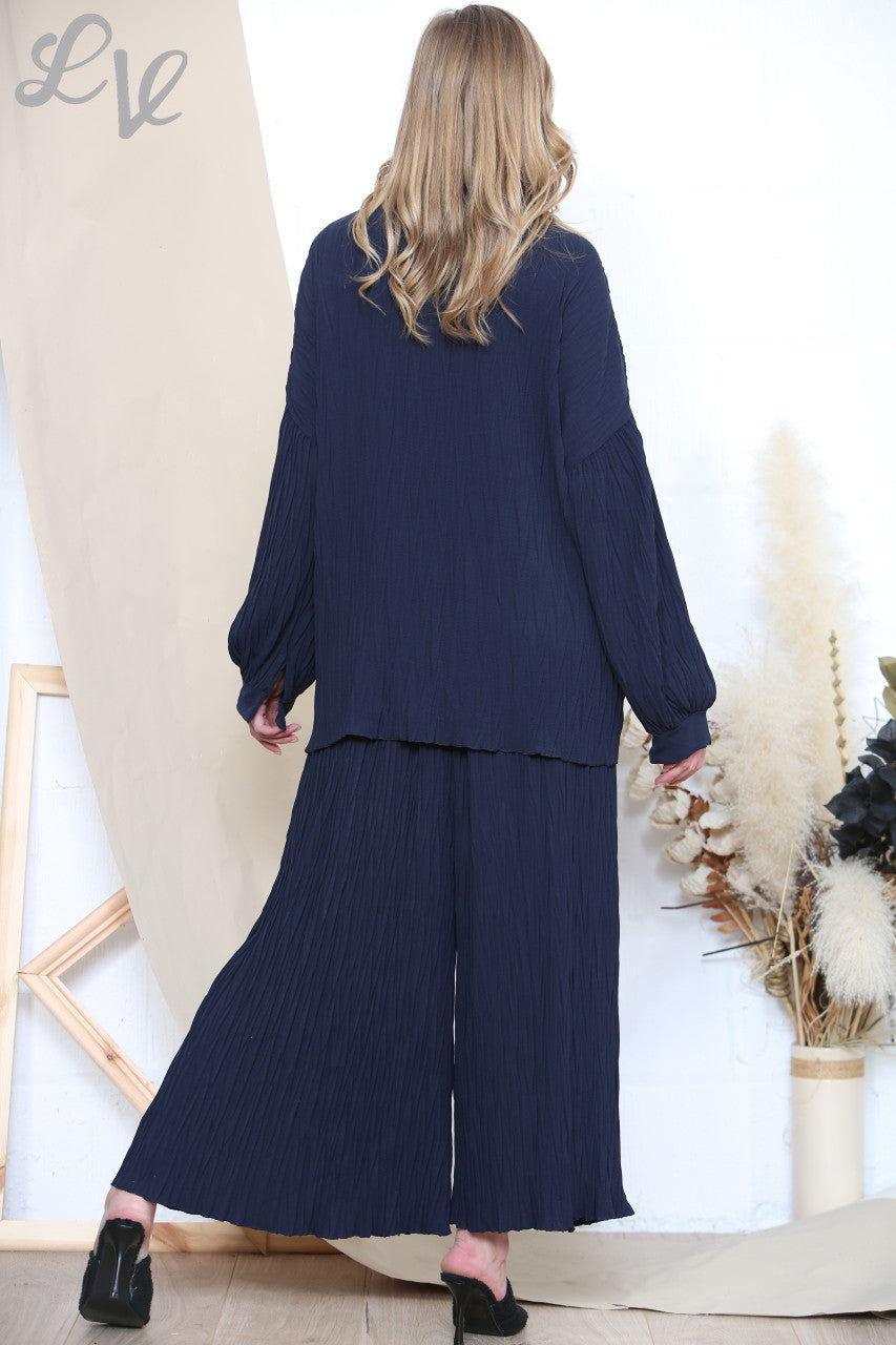 Ladies Pleated Shirt & Trouser Set Navy