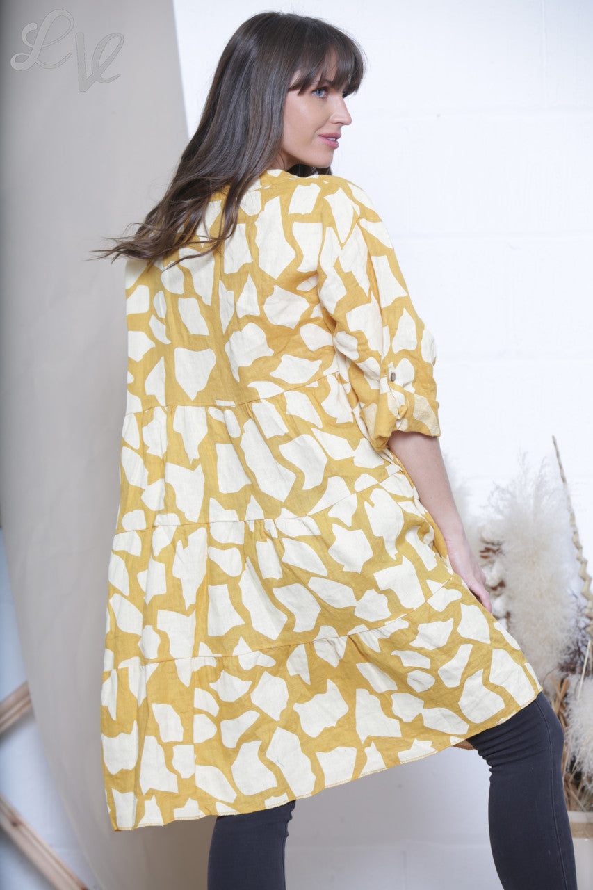 Dames Linnen Giraffe Print Shirt Top Tuniek Jurk Mosterd