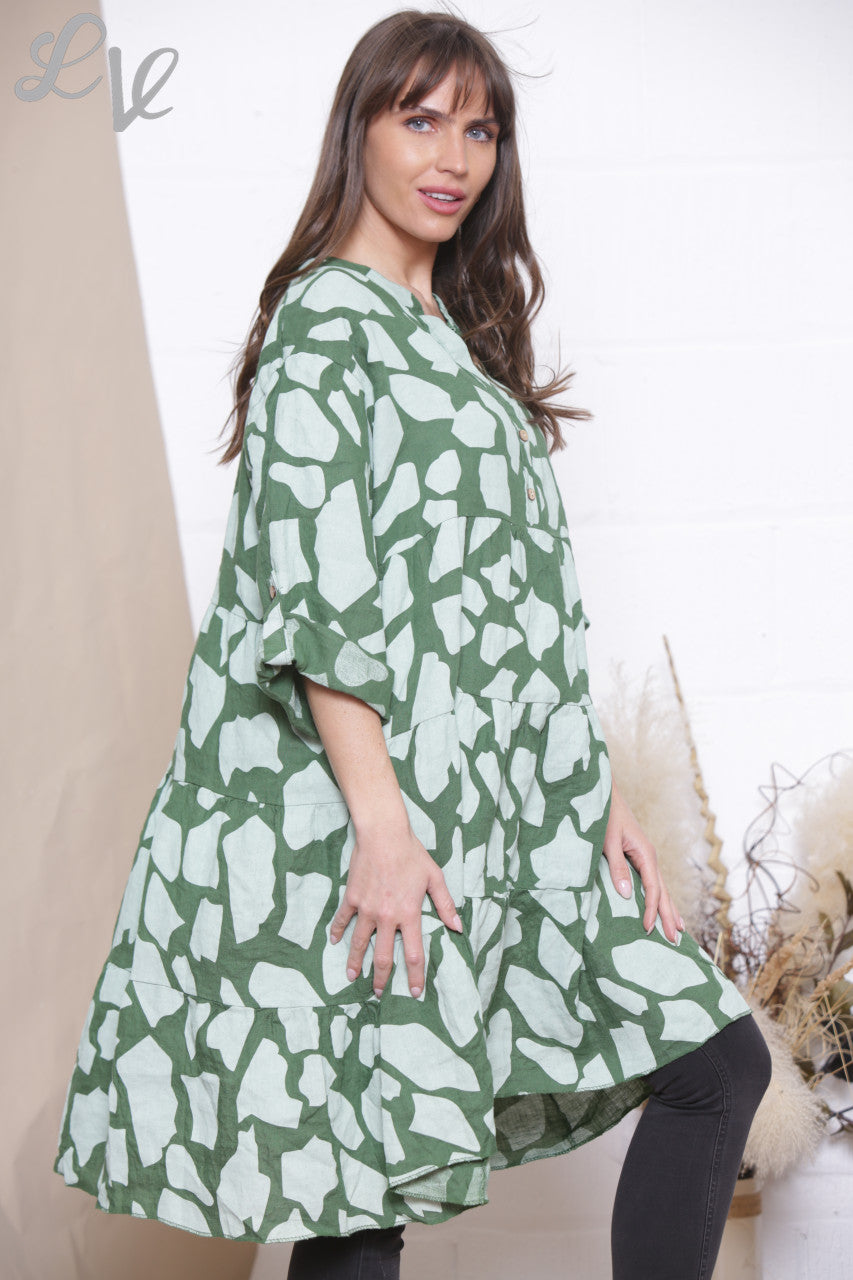Dames Linnen Giraffe Print Shirt Top Tuniek Jurk Groen