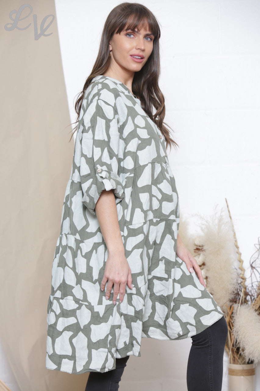 Ladies Linen Giraffe Print Shirt Top Tunic Dress Khaki