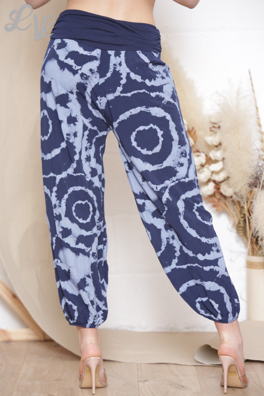 Ladies Swirl Tie Dye Print Gypsy Style Trousers Navy