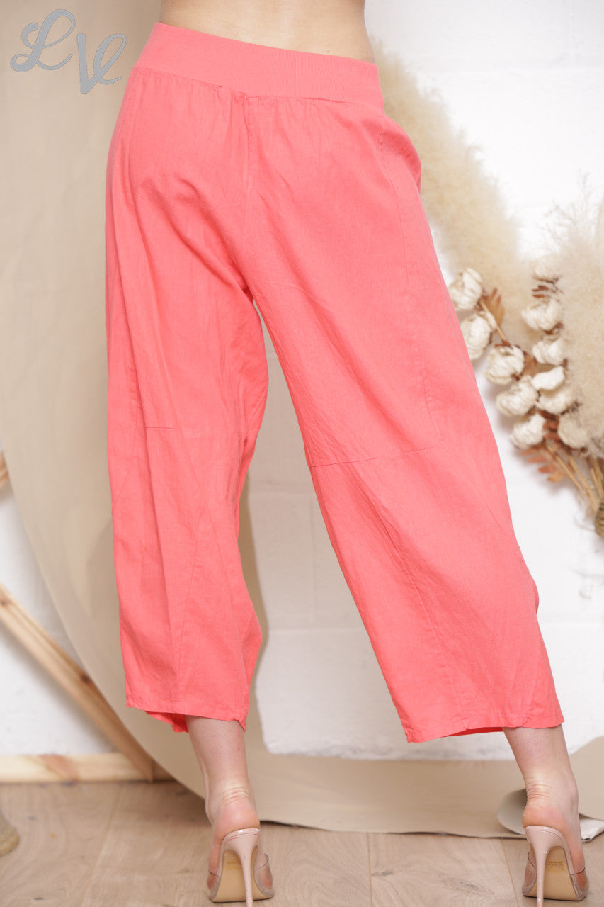 Ladies Button Pocket Detail Linen Trousers Coral