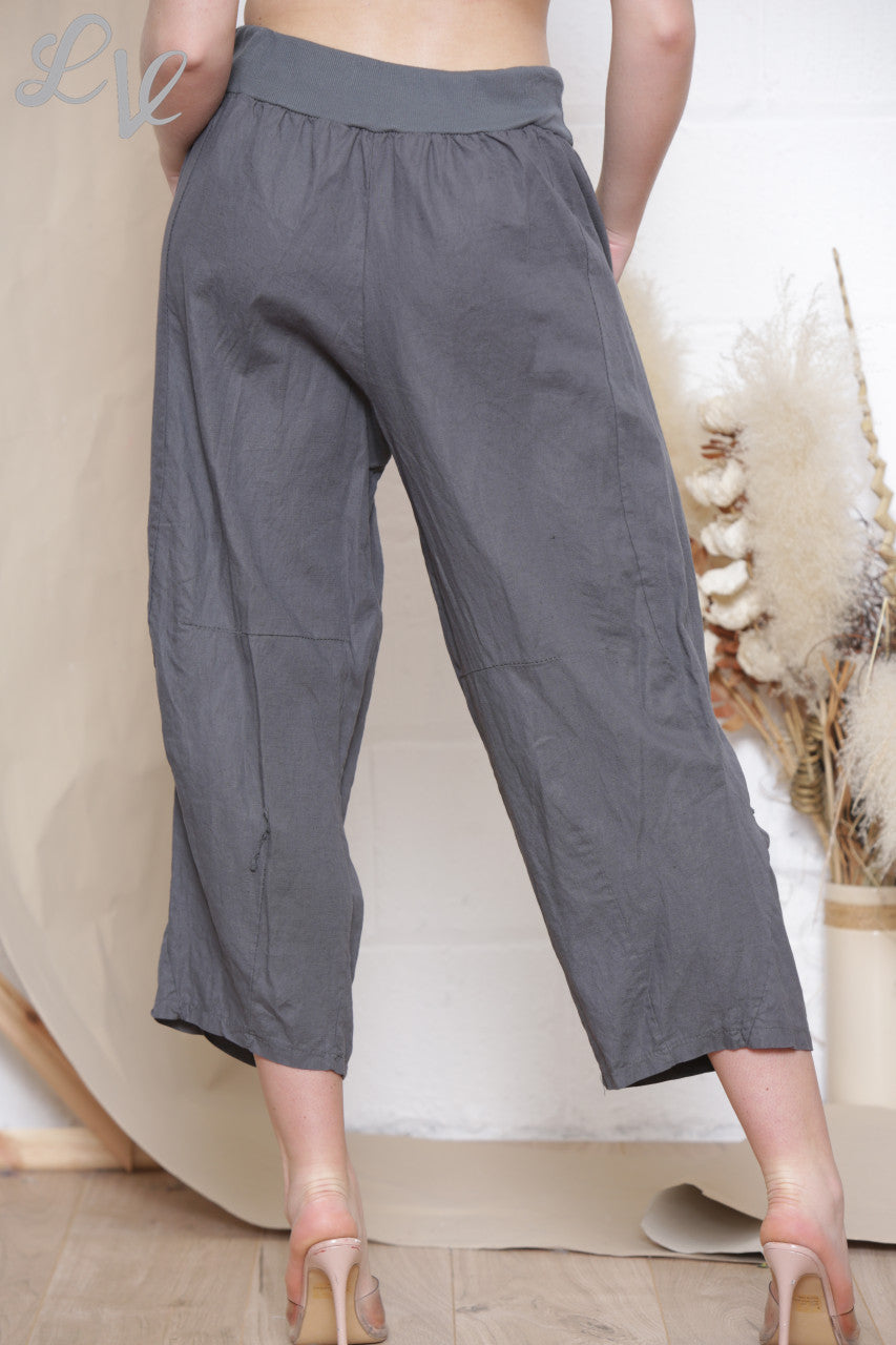 Ladies Button Pocket Detail Linen Trousers Charcoal
